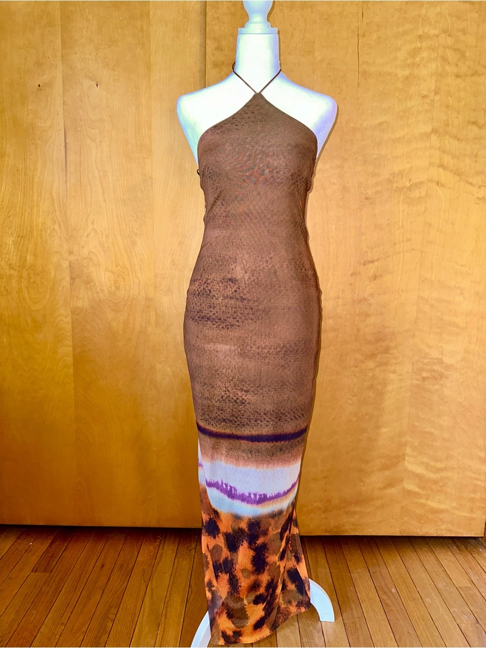 Brown Halter Maxi Dress with Animal Print